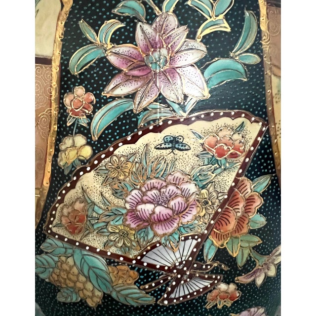 1960s Massive 24" Satsuma Decorative 'Ceramic Egg' With Moriage, Figural Panels and Gold Gilt Work With Flowers For Sale - Image 5 of 9