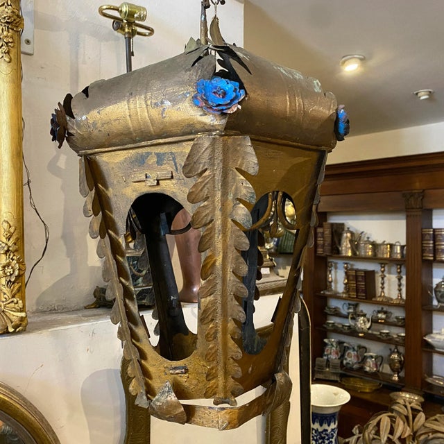 1900 Art Nouveau Gold and Blue Painted Iron Lantern For Sale - Image 11 of 11
