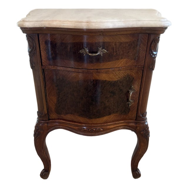 1930s French Provincial Marble-Top Nightstand – Elegant Louis XV Revival For Sale