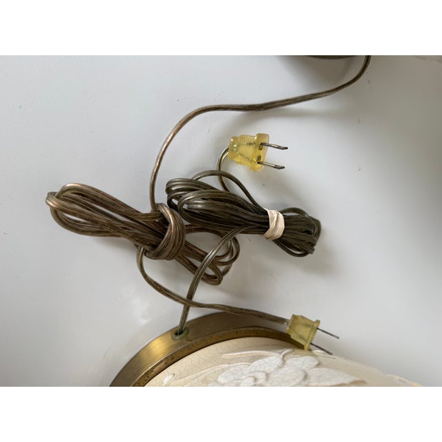 1980s Vintage Hollywood Regency Style Floral Cream Crackle Glaze Ceramic Table Lamps – Pair For Sale - Image 12 of 12