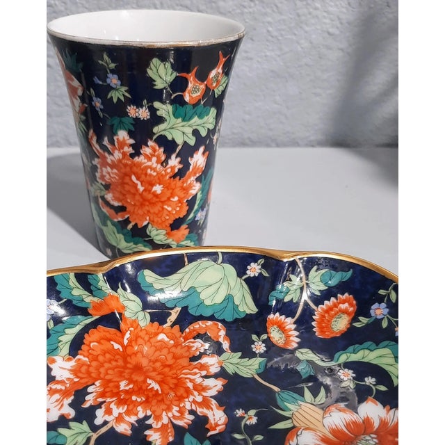 Mid 20th Century Irice Chinoserie Navy Orange Floral Soap Dish and Cup For Sale - Image 5 of 5