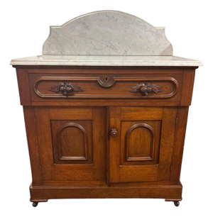 Antique Victorian Eastlake Walnut Marble Top Washstand With Carved Acorn Pulls, Circa 1880s