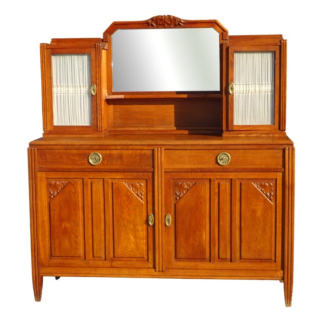 Vintage Oak Buffet with Sentry Boxes and Mirror For Sale