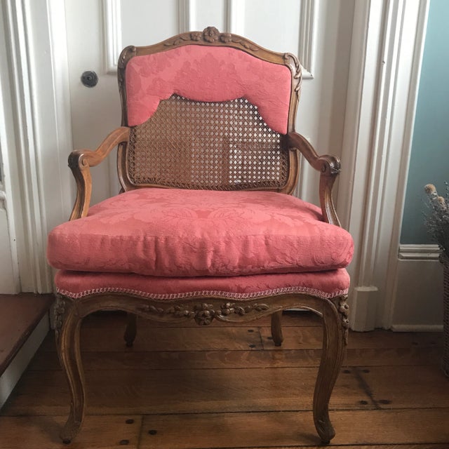 Vintage Mid Century French Caned and Upholstered Chair For Sale - Image 9 of 9