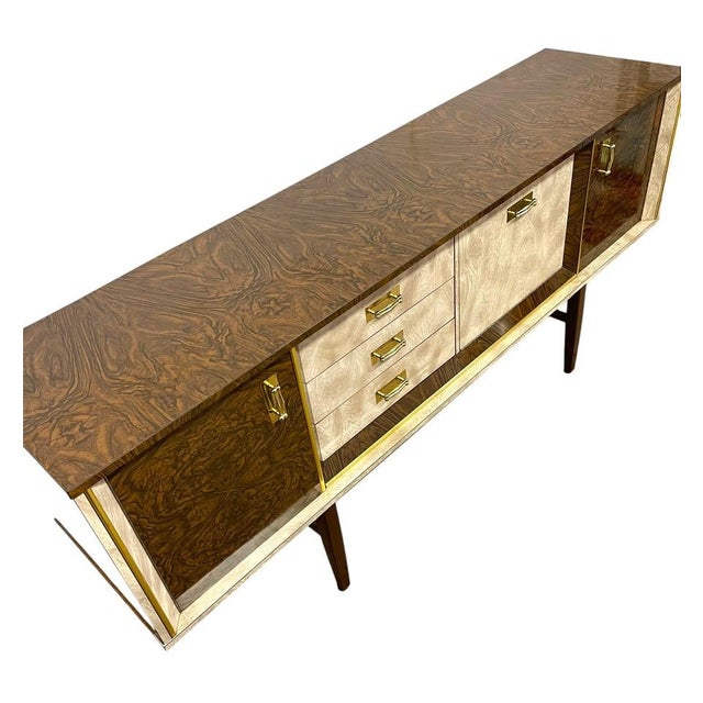 Mid-Century Modern Vintage Mid-Century Modern Formica Credenza / Sideboard - Uk Import, Brass-Tone Hardware, Storage Cabinet For Sale - Image 3 of 9