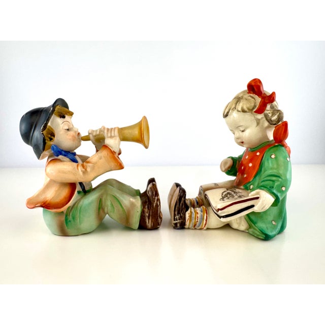 1950s Japanese Ceramic Boy Musician & Little Red Riding Hood Girl Figurines, a Pair For Sale - Image 10 of 14