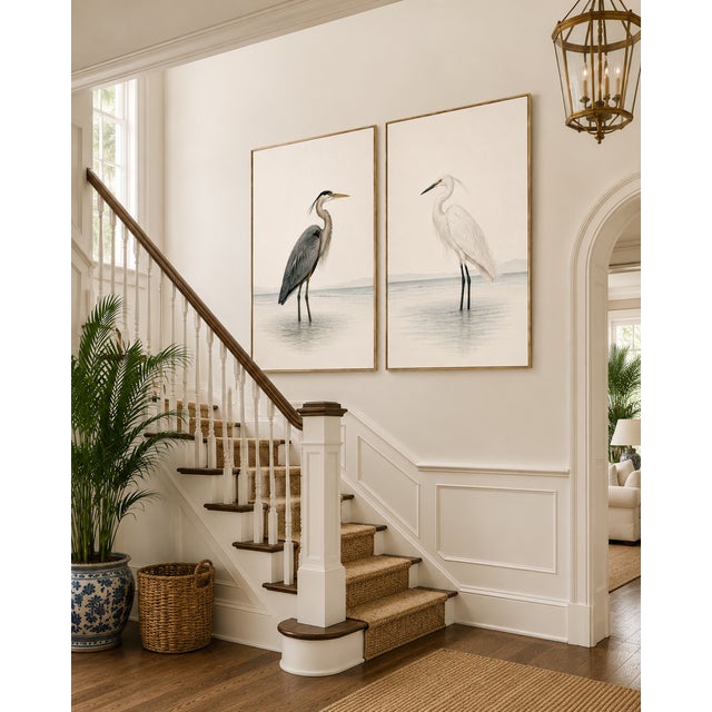 Contemporary Coastal Heron & Egret Diptych, Neutral Shorebird Art Print Set, 40" X 60" For Sale - Image 3 of 10
