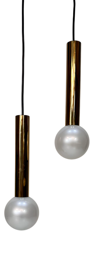 Minimalist Cylindrical Brass Hanging Lamps with Pearlized Look Glass Balls by Motoko Ishii for Staff-Leuchten, West Germany, 1960s, Set of 2