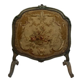 Antique French Louis XV Style Painted Firescreen | Aubusson-Style Tapestry Panel | Sage Green Cabriole Legs | 37in For Sale