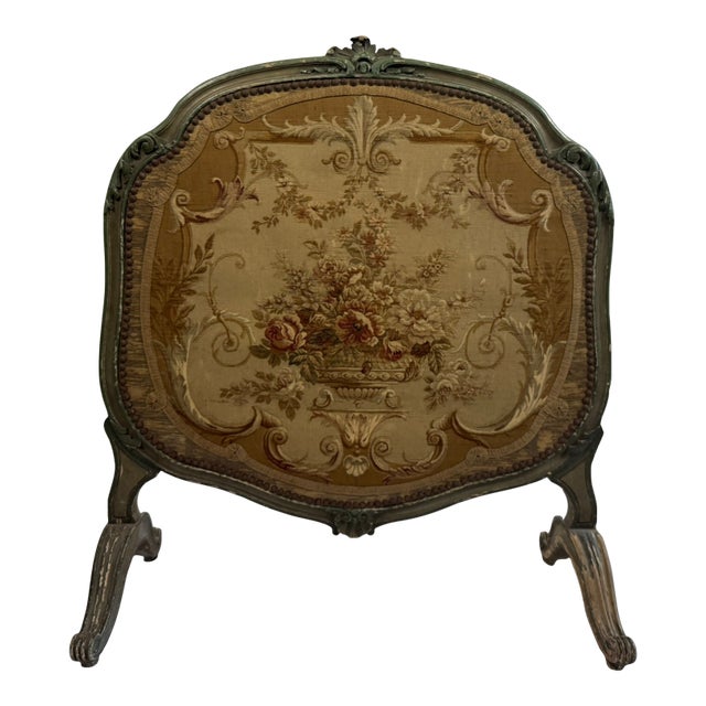 Antique French Louis XV Style Painted Firescreen | Aubusson-Style Tapestry Panel | Sage Green Cabriole Legs | 37in For Sale