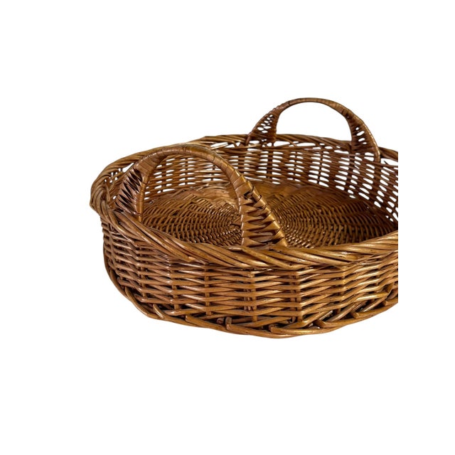 Mid 20th Century Vintage French Provincial Wicker Basket Tray With Handles For Sale - Image 5 of 9