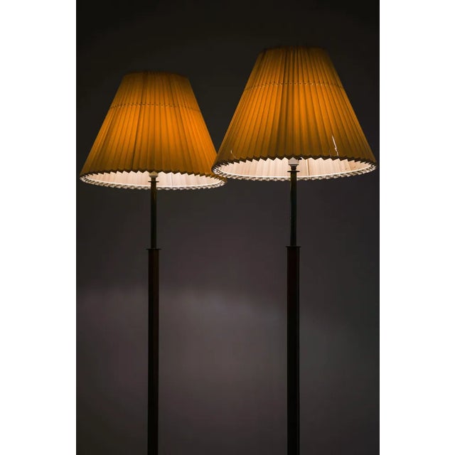 Floor Lamps in Leather and Brass with Original Shades, 1950s, Set of 2 For Sale - Image 6 of 9