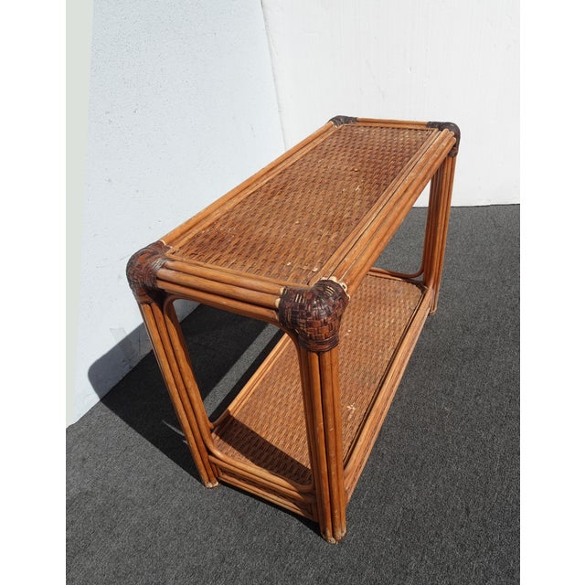 Vintage Rustic Console Sofa Table Tiki Palm Beach Style W Bamboo Rattan Leather For Sale - Image 4 of 11