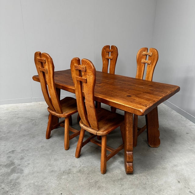 Brutalist Oak Dining Table and Chairs by De Puydt, Belgium, 1960s, Set of 5 For Sale - Image 4 of 14