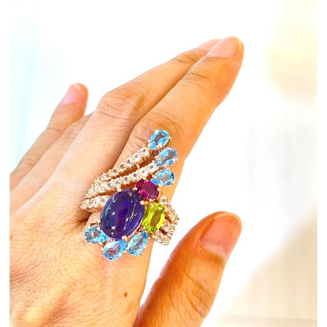 Gemstone Bochic "Capri" Vintage Sapphire & Multi Gem Cocktail Ring 18k Gold & Silver For Sale - Image 7 of 18