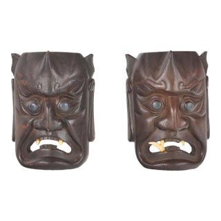 Pair of Vintage Japanese Hand Carved Wooden Masks For Sale