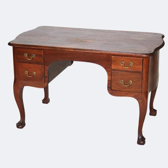 Antique RJ Horner Mahogany Serpentine Bombay Style 4 Drawer Desk With Claw & Ball Feet, C1920. Measures - 29 1/4" x 48" x...