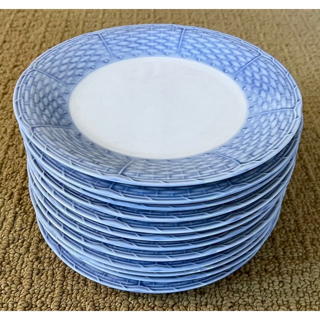 Mid 20th Century English Porcelain Blue and White Basketweave Plates for Salad, Cake or Hors d'Oeuvres - Set of 12 For Sale - Image 5 of 16