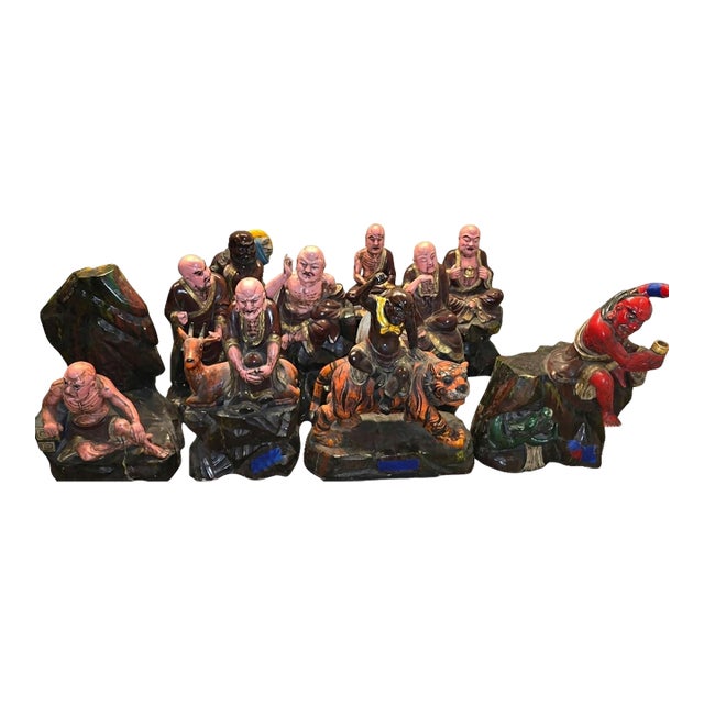Late 20th Century Polychrom Wooden Carving 10 of 18 Arhats (Luohans) For Sale