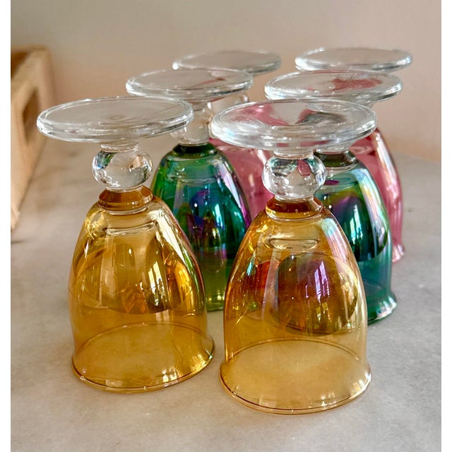 Set of 6 Italian Hand-Blown Cordial Glasses by J Preziosi – Mixed Colors, Unused A stunning set of six handmade cordial...