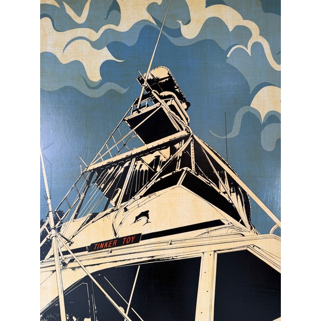 1980 Florilore Mid-Century Modern “Tinker Toy” Boat Painting on Board, Framed For Sale - Image 4 of 12