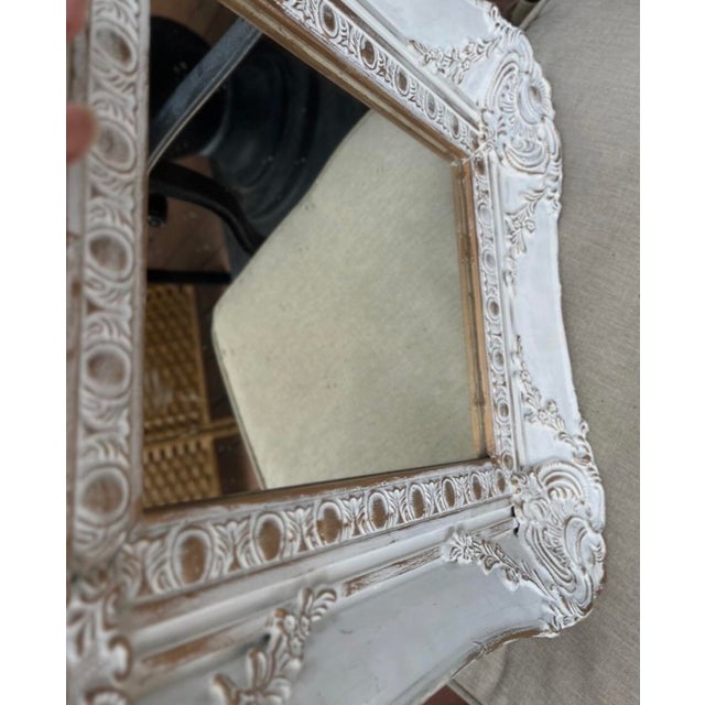 French Country Wall Mirror Features a Heavily Distressed White Frame With Gold Trim For Sale - Image 9 of 15