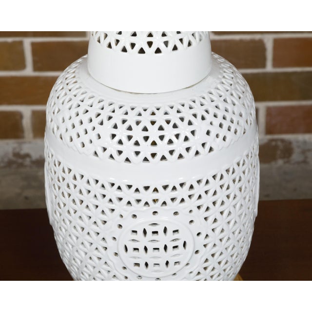 Wood 1920s White Porcelain Asian Vases with Geometric Décor Made into Table Lamps - a Pair For Sale - Image 7 of 9