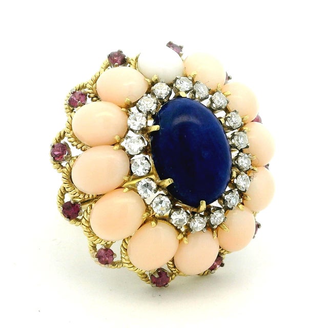 Italian 18k Gold Lapis, Coral, Ruby & Diamond Cocktail Ring, 1970s, Size 7 For Sale - Image 13 of 18