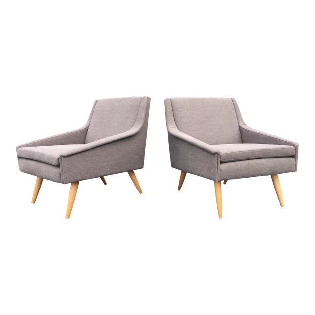 Early 21st Century Danish Modern Gray Fabric & Oak Leg Lounge Chairs - A Pair For Sale