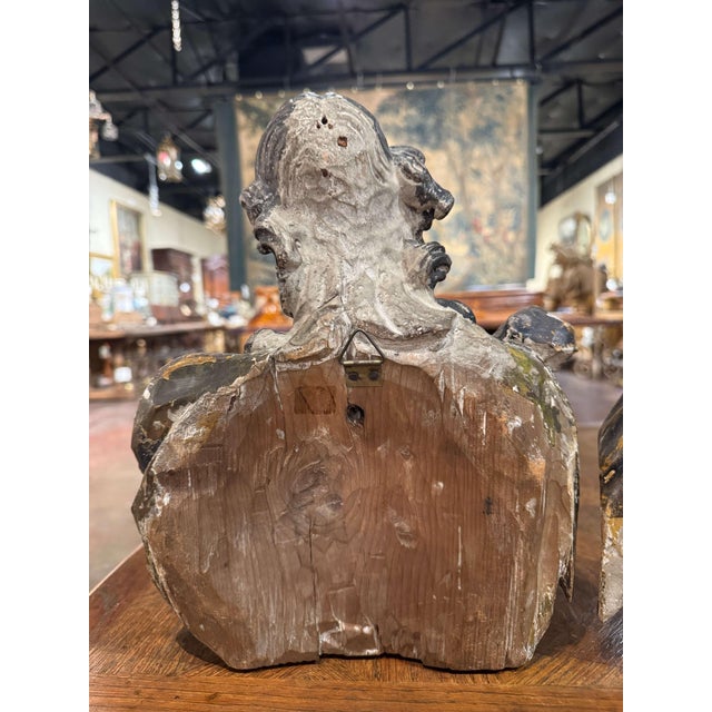 Pair of 18th Century French Carved Polychrome Male & Female Bust Wall Sculptures For Sale - Image 12 of 13