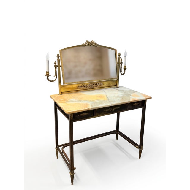 This exquisite vintage vanity dressing table combines neoclassical elegance with practical utility. The piece features a...