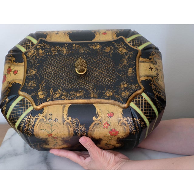 Maitland - Smith Mid 20th Century Maitland Smith Hand Painted Fabric Black Floral Design Wood Interior Hinged Box For Sale - Image 4 of 6
