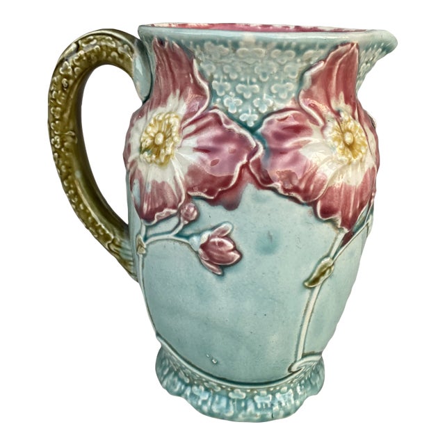 French Majolica Wild Rose Pitcher Fives Lille, Circa 1900 For Sale