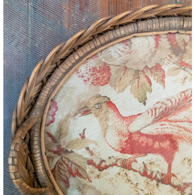 19th or 20th Century French Wicker Serving Tray With Tapestry Fragment of Bird For Sale - Image 4 of 16