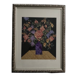 “Purple Vase” Framed Fabric Collage by Merle Fanny Eintracht, 2006 For Sale