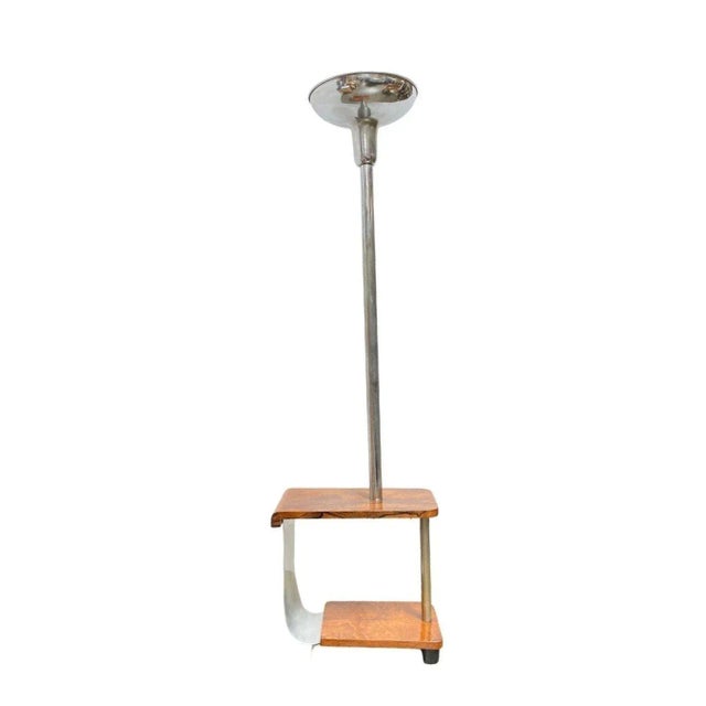 1930s Art Deco Chrome & Wood Torchiere Floor Lamp End Table For Sale - Image 4 of 6