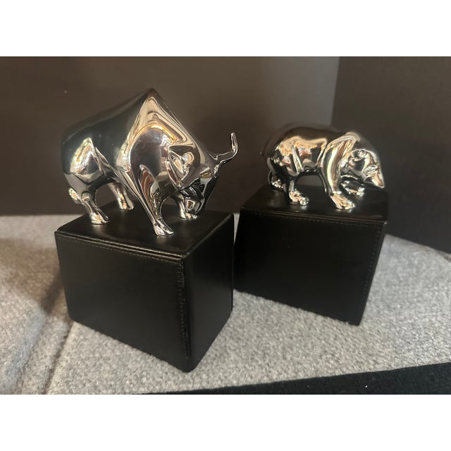 Vintage Chrome & Leather Bull and Bear Bookends Wall Street For Sale - Image 4 of 8