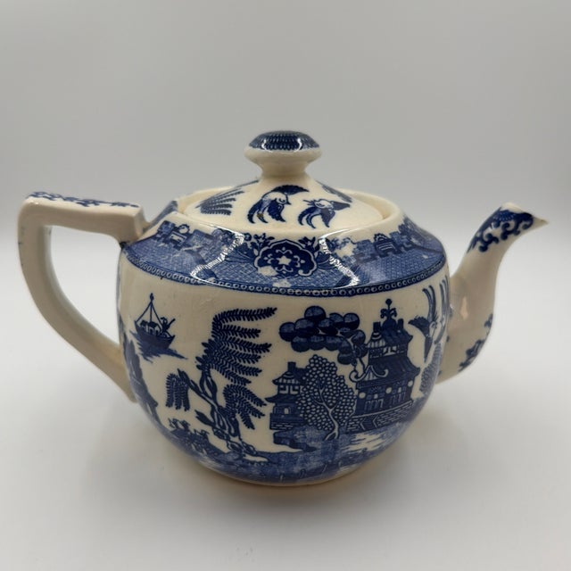 Japanese Vintage Japanese Blue & White Willow Transferware Teapot For Sale - Image 3 of 12