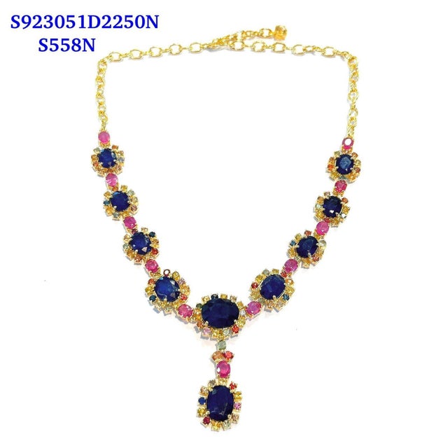 Gemstone Bochic "Capri" Natural Multi Sapphire & Ruby Necklace Set 18K Gold & Silver For Sale - Image 7 of 18