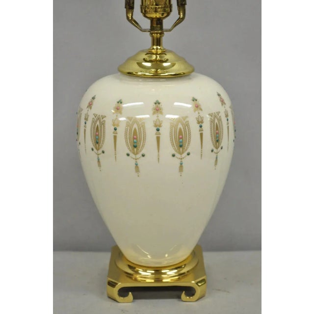 Victorian Vintage Lenox Porcelain and Brass Cream Jardinierie Decorated Table Lamp For Sale - Image 3 of 11
