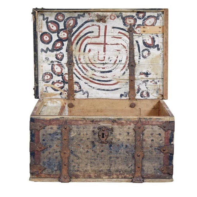 mid 18th century swedish pine chest decorated with labyrinth circa 1730. Rare and beautiful swedish pine chest. Traces of...