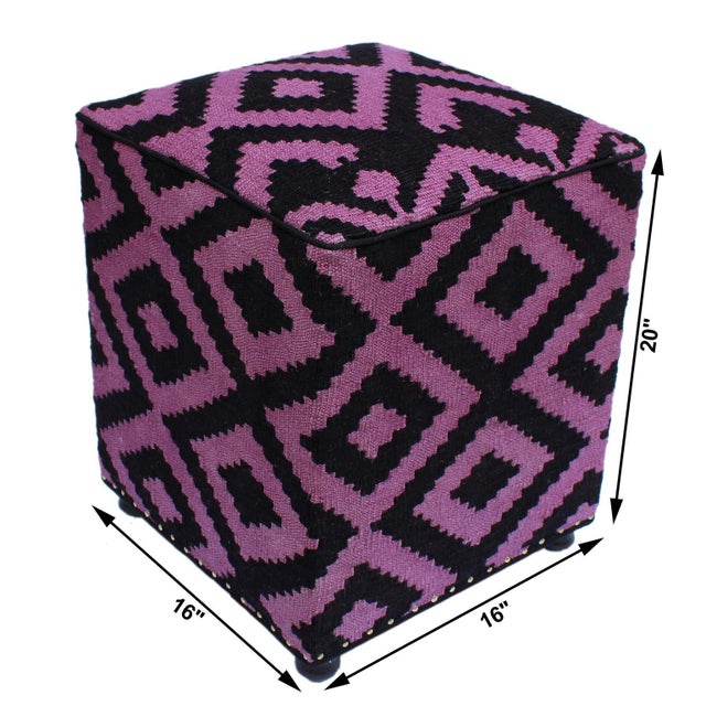 Art Deco Boho Chic Black/Purple Handmade Kilim Upholstered Ottoman For Sale - Image 3 of 9