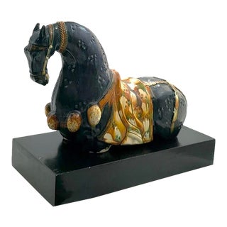 Vintage Sitting Tang Horse Glazed Pottery Sculpture on Wooden Base For Sale