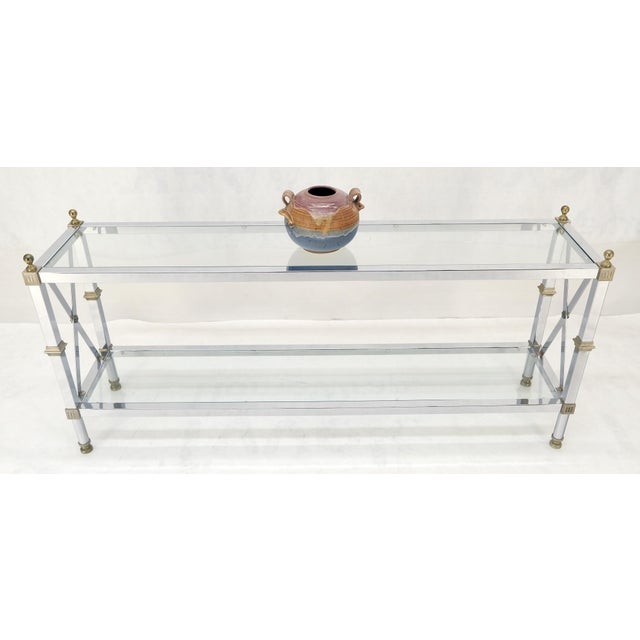 Two Tier Glass Shelves Chrome & Brass Rectangle 60" Long Italian Console Table For Sale - Image 11 of 14