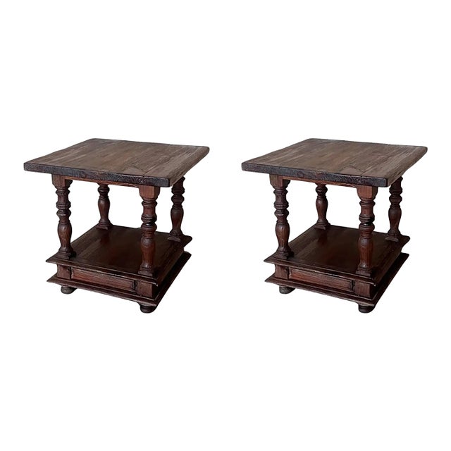 Pair of Spanish Brutalist Walnut Side or Coffee Tables With Low Shelve For Sale