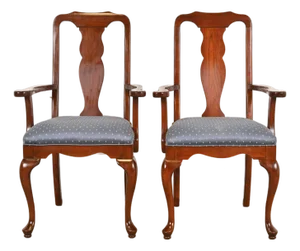 Harden Furniture Queen Anne Solid Cherry Wood Armchairs or Dining Captain Chairs, Pair
