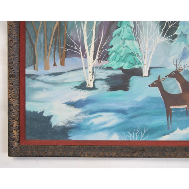 Vintage Oil on Board Folky Deer Painting For Sale - Image 4 of 7