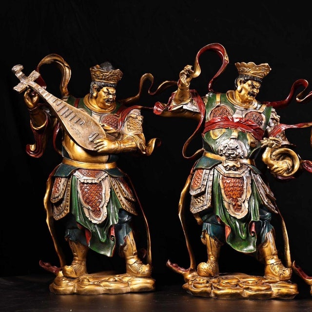 This impressive set of four sculptures depicts the Four Heavenly Kings, traditional guardians in Buddhist cosmology. Each...