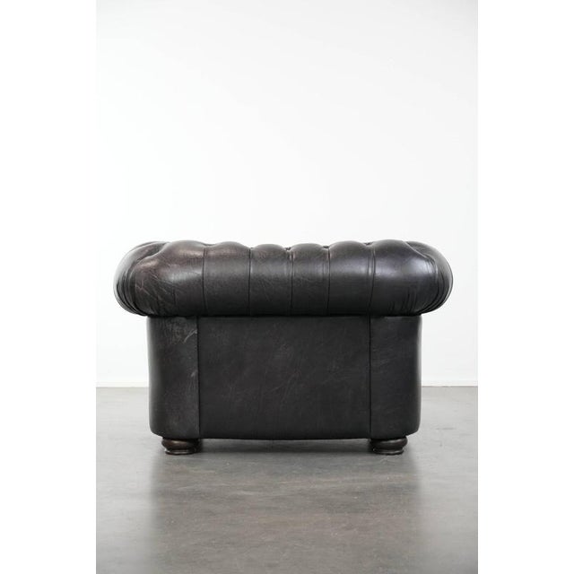 Black Chesterfield Sofa, Armchair, and Ottoman in Cowhide, Set of 3 For Sale - Image 15 of 18