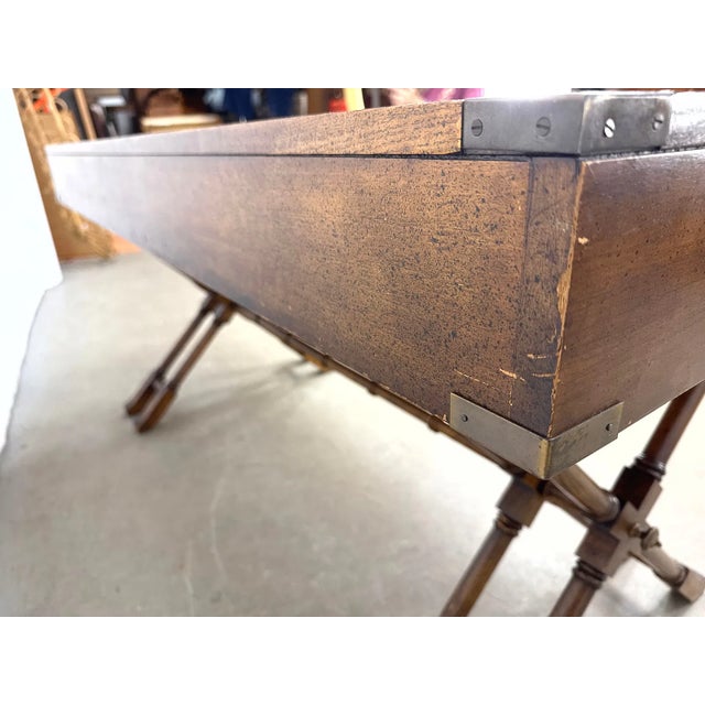 Wood Vintage Brandt Campaign Style X-Base Writing Desk With Brass Details For Sale - Image 7 of 14